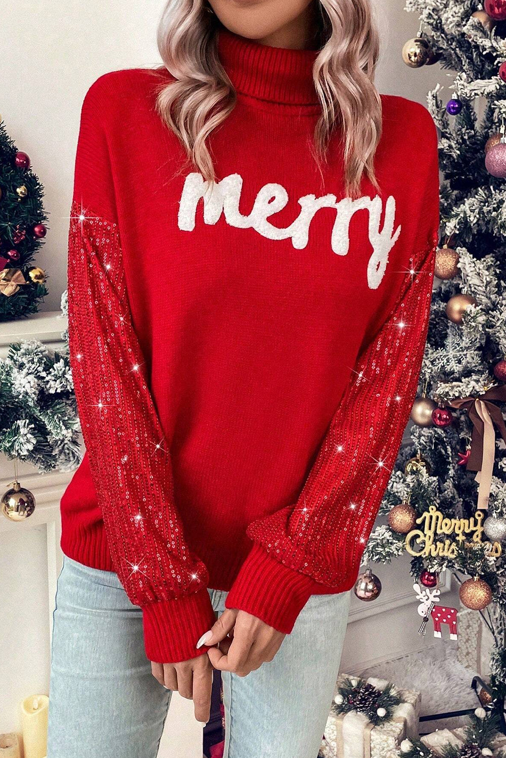 A Racing Red Merry Graphic Sequin Sleeves Christmas Sweater