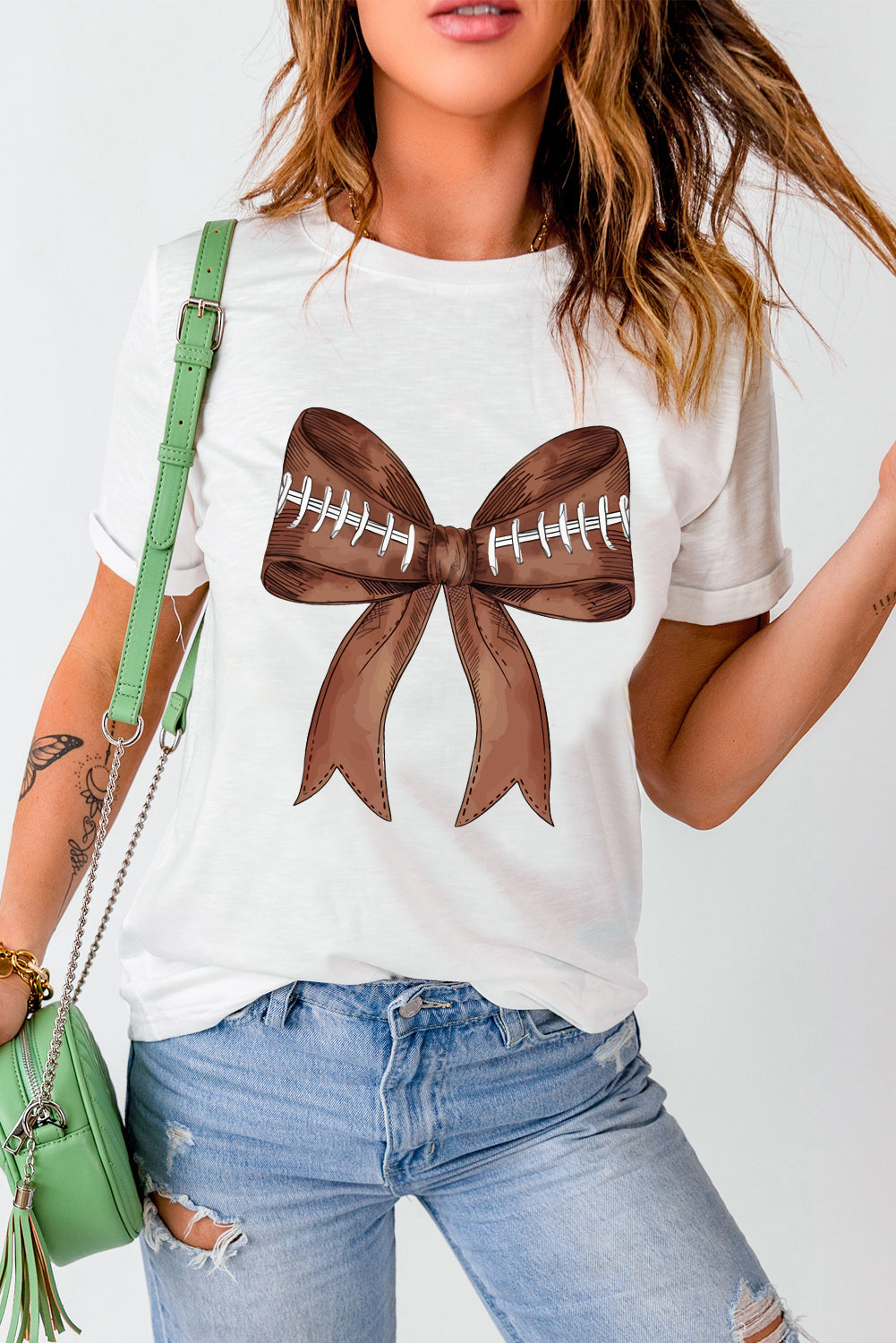 White Game Day Football Bowknot Graphic T Shirt