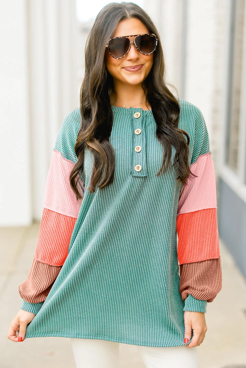 Multicolour Twisted Ribbed Colorblock Patchwork Henley Top