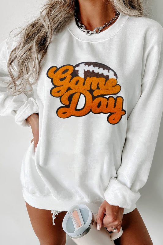 White Chenille Game Day Football Pattern Pullover Sweatshirt