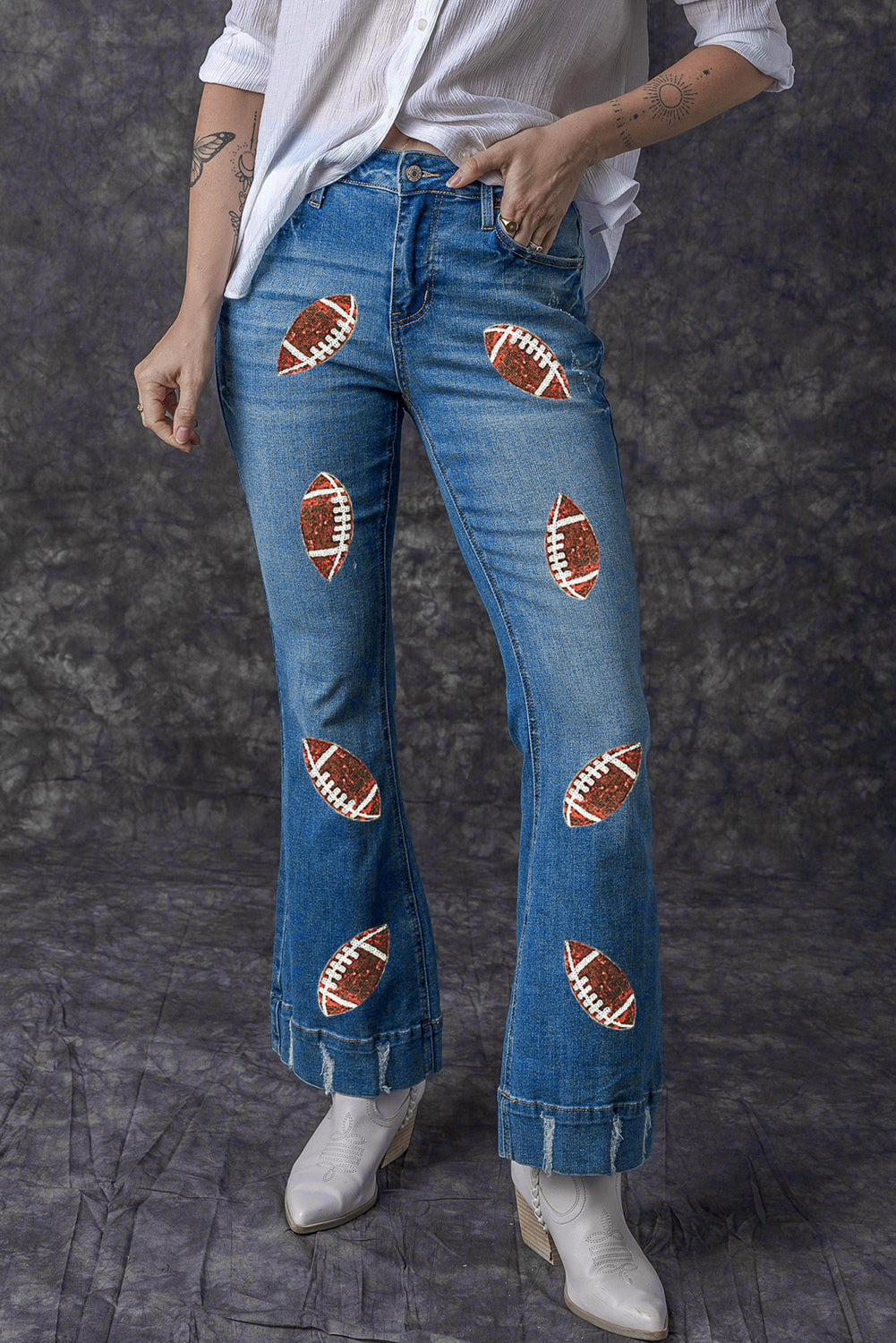 Sky Blue Sequin Football Pattern High Waist Distressed Flare Jeans