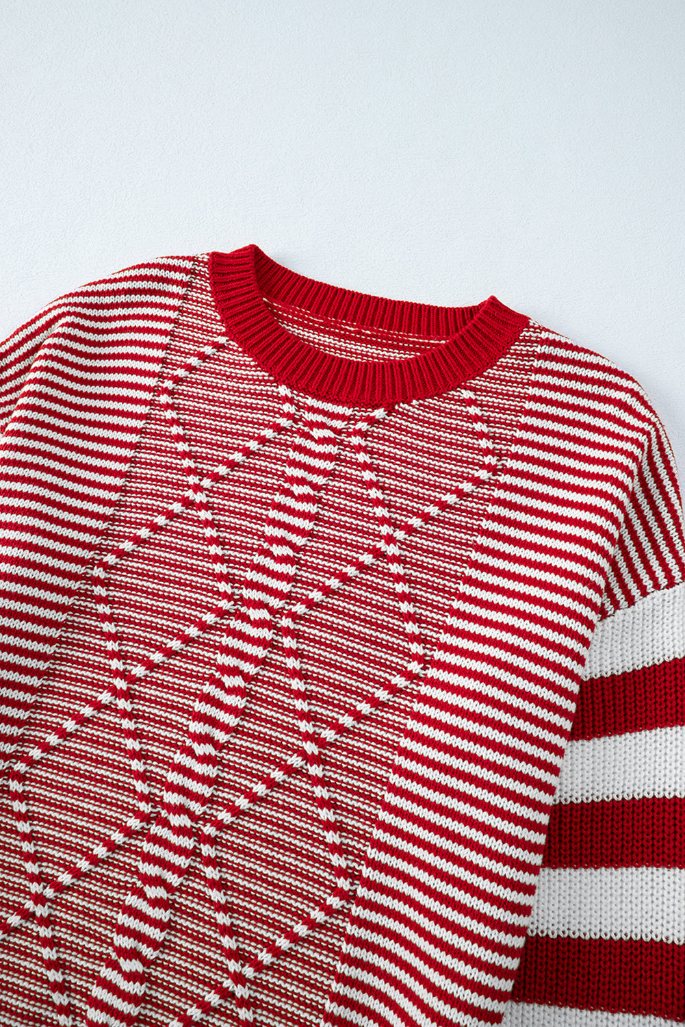 Red and White Stripe Twisted Knitted Drop Shoulder Sweater