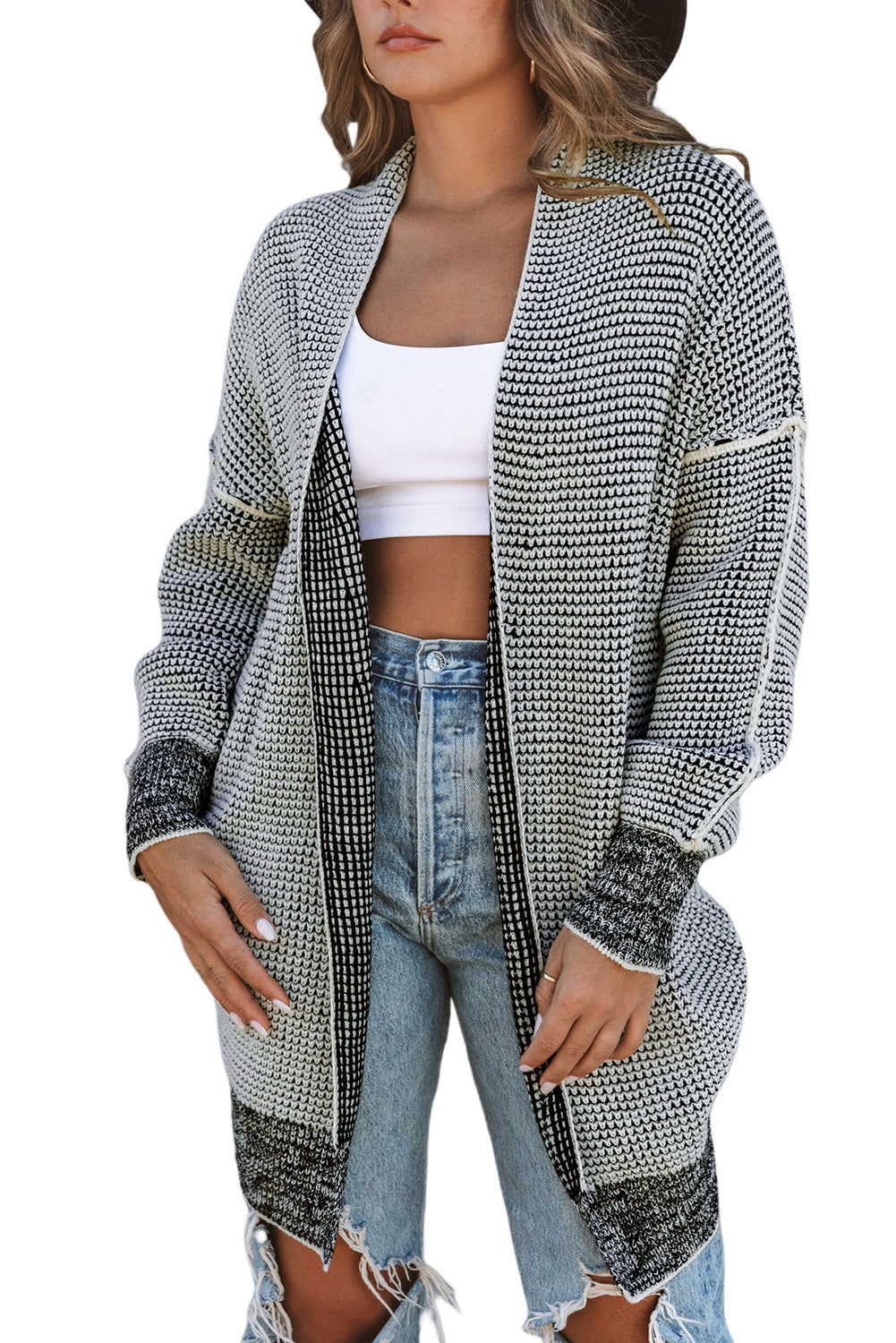 Plaid Contrast Trim Casual Knit Cardigan