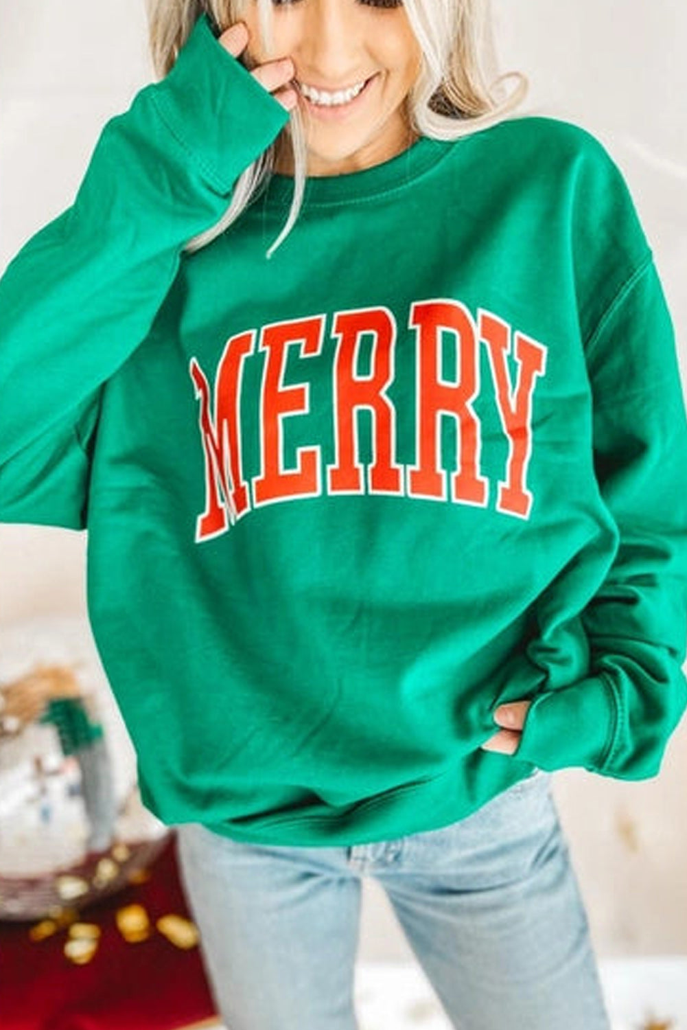 Green MERRY Print Drop Sleeve Pullover Sweatshirt