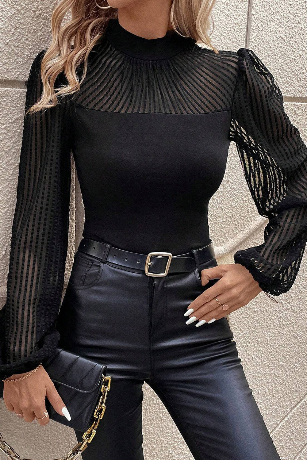 Black Stand Collar Striped Mesh Lantern Sleeve Top