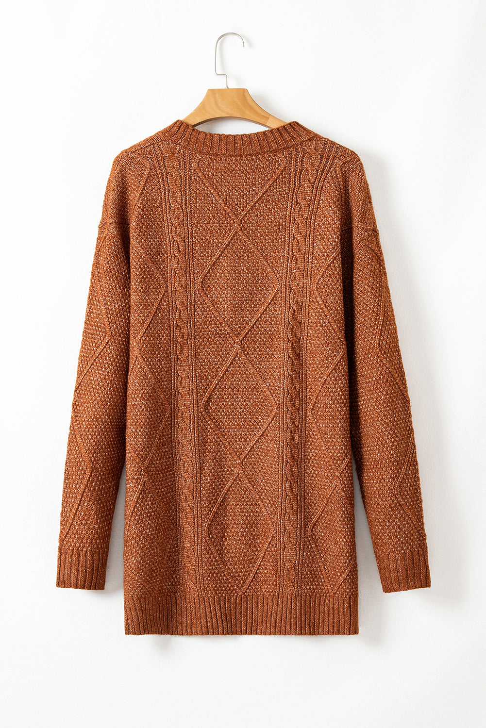 Coffee Twist Cable Knit Drop Shoulder Loose Fit Sweater Dress