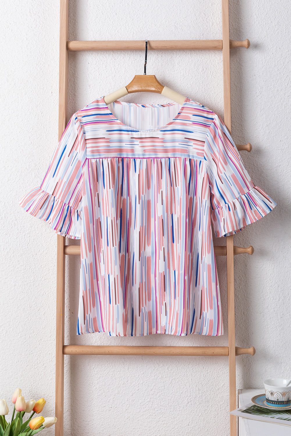 White Striped Abstract Print Ruffle Half Sleeve Blouse