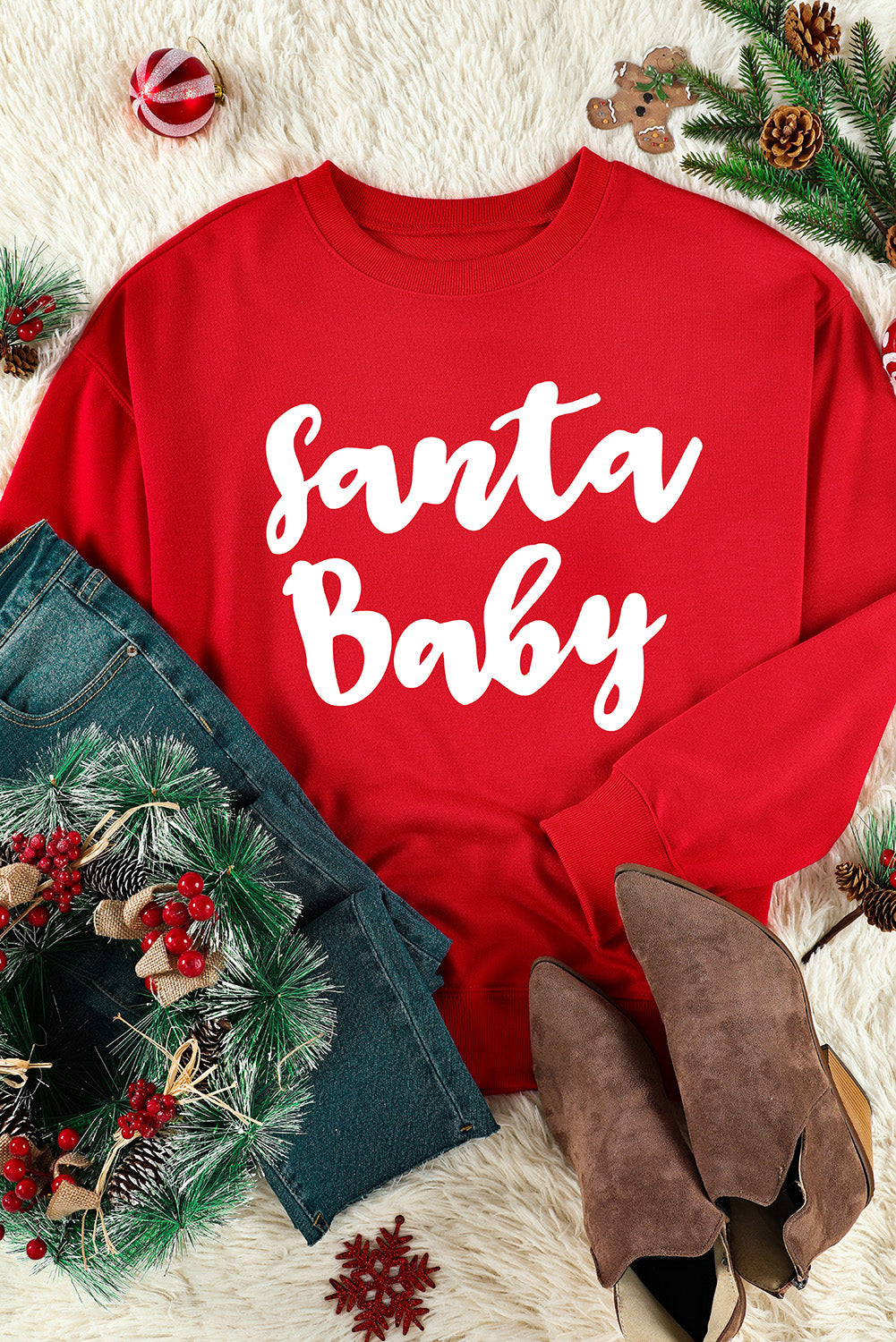 Red Santa Baby Print Crew Neck Pullover Graphic Sweatshirt