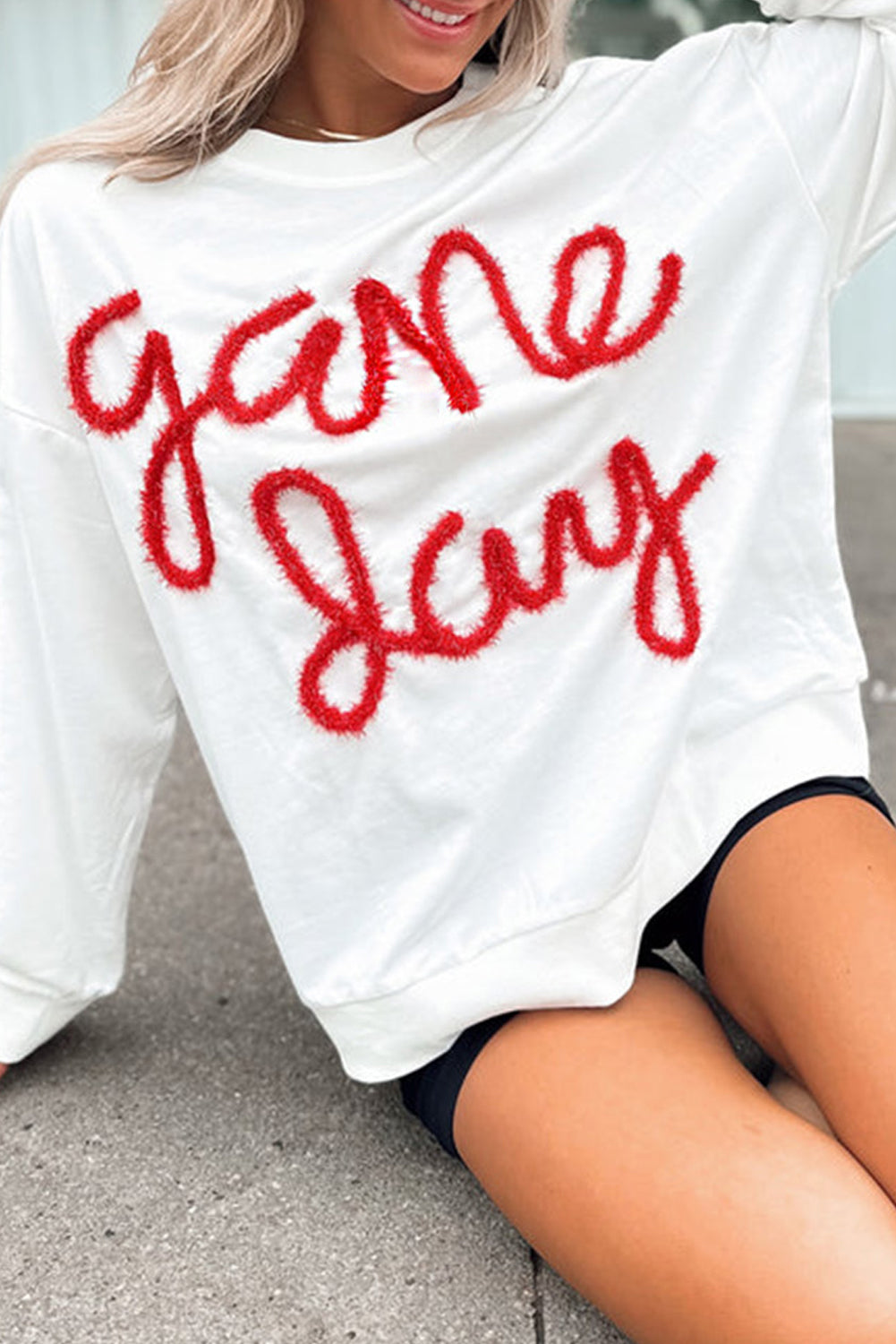 White With Red Tinsel Game Day Drop Shoulder Sweatshirt