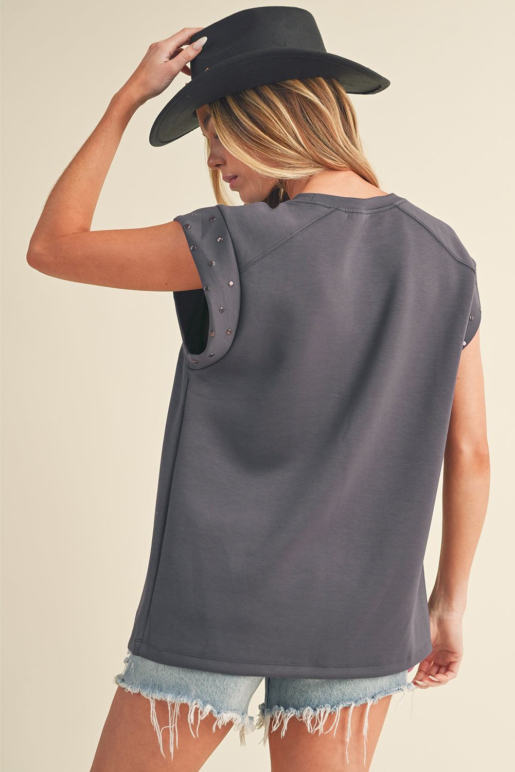 Dark Grey Casual Studded Round Neck T Shirt