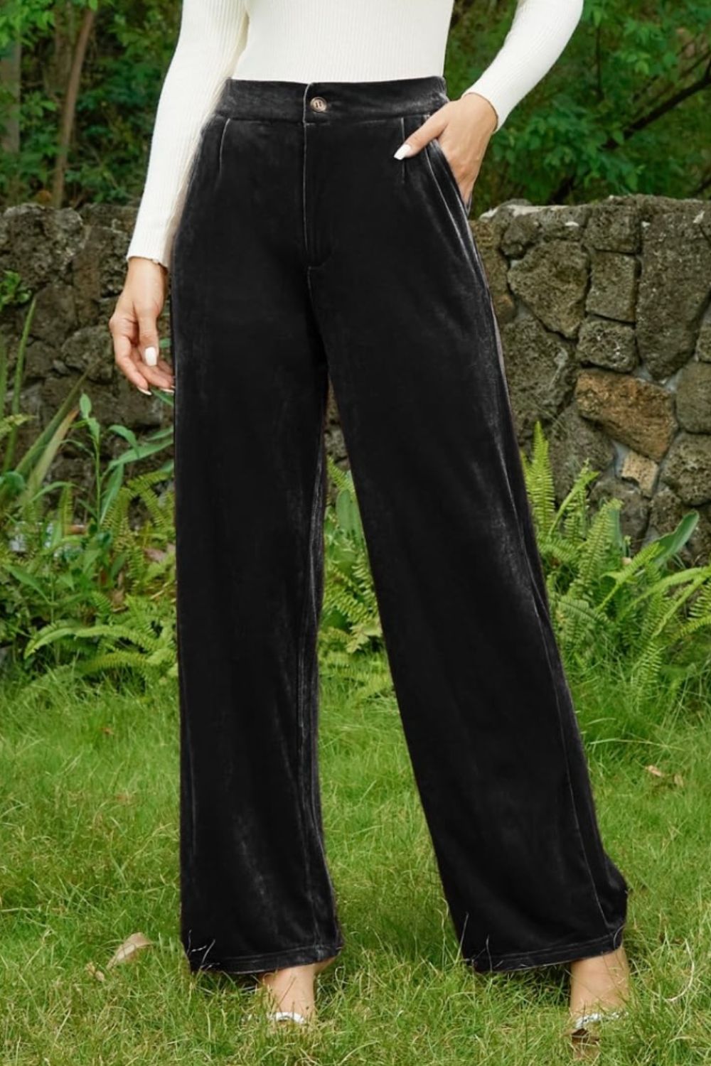 Velvet Wide Leg Pants with Pockets