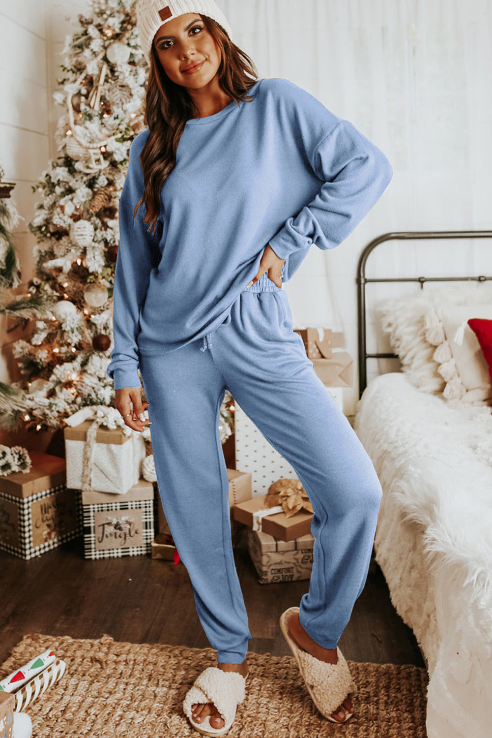 Casual Long Sleeve Pullover & Joggers Pajamas Set