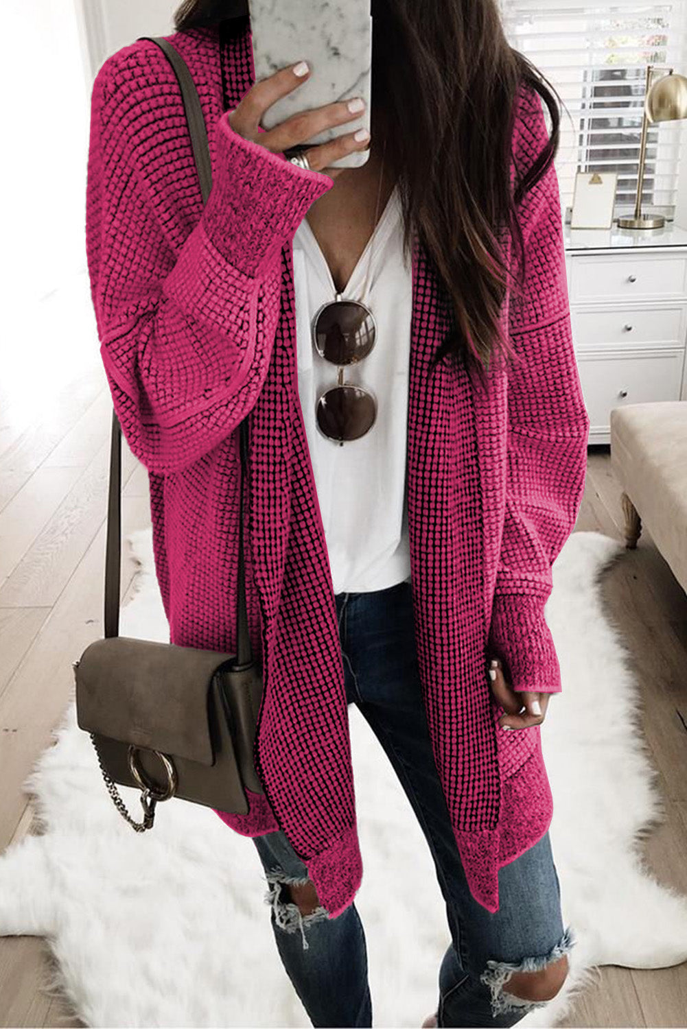 Plaid Contrast Trim Casual Knit Cardigan