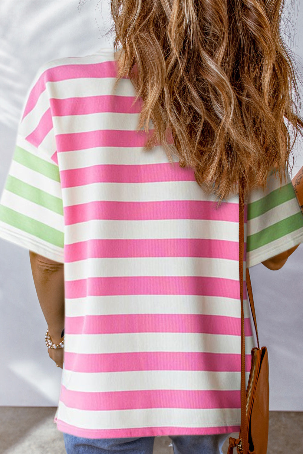 Stripe Patch Pocket Drop Sleeve Slits T Shirt