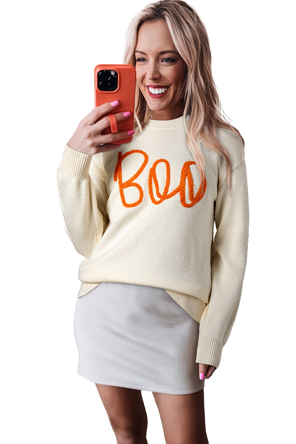 Apricot Halloween Boo Drop Shoulder Knit Sweater