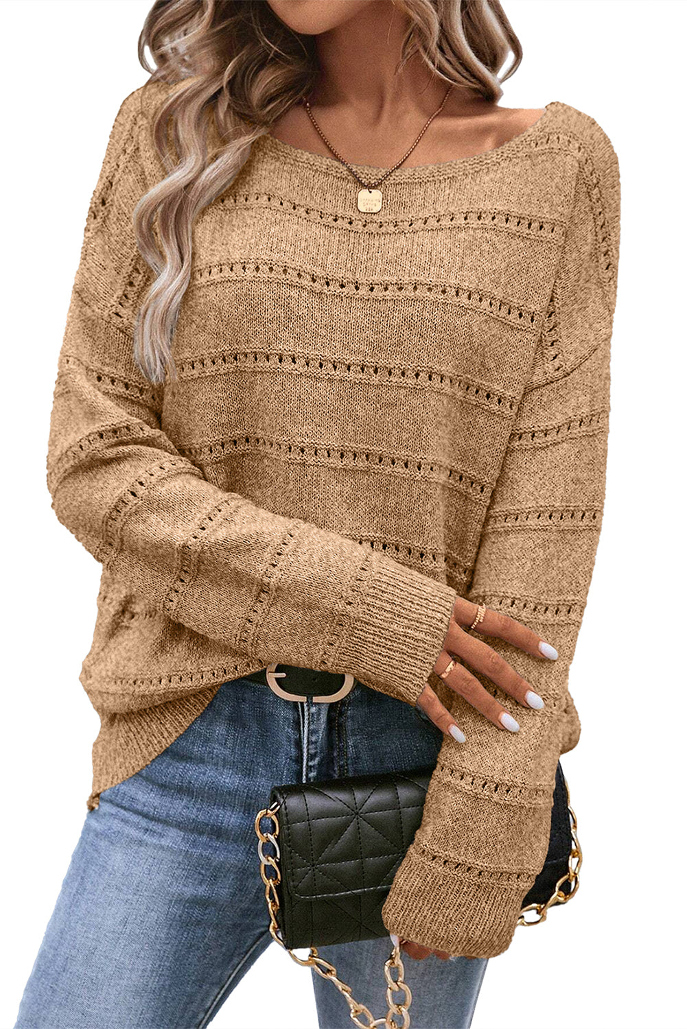 Light Grey Boat Neck Drop Shoulder Pointelle Knit Sweater