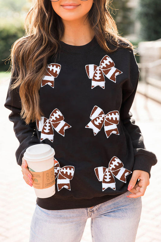 Black Football Bow Knot Graphic Crew Neck Sweatshirt