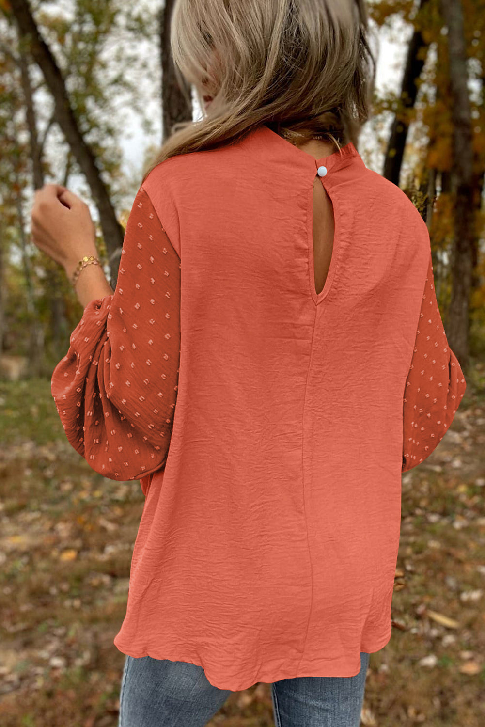 Russet Orange Swiss Dot Balloon Sleeve Patchwork Crinkle Blouse