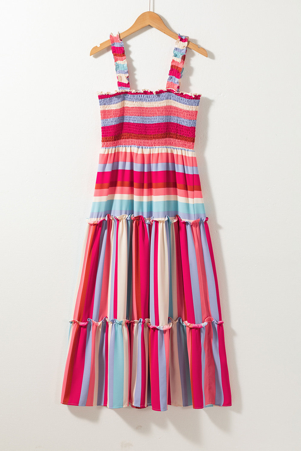 Red Stripe Ruffled Straps Smocked Tiered Midi Dress