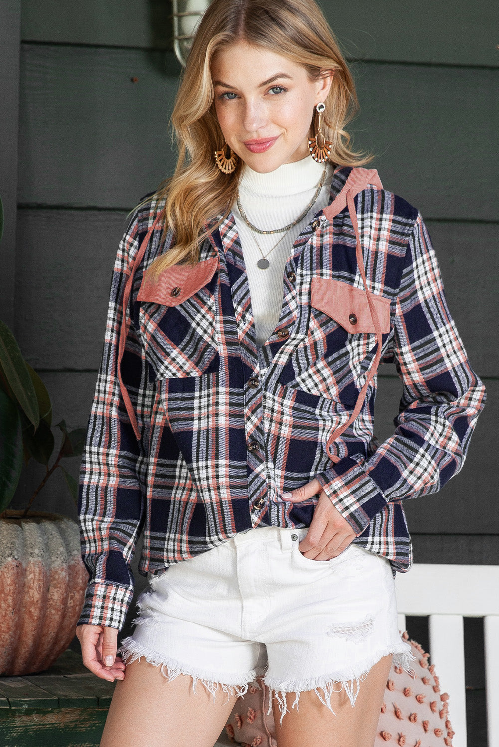 Pink Plaid Contrast Hooded Drawstring Shacket