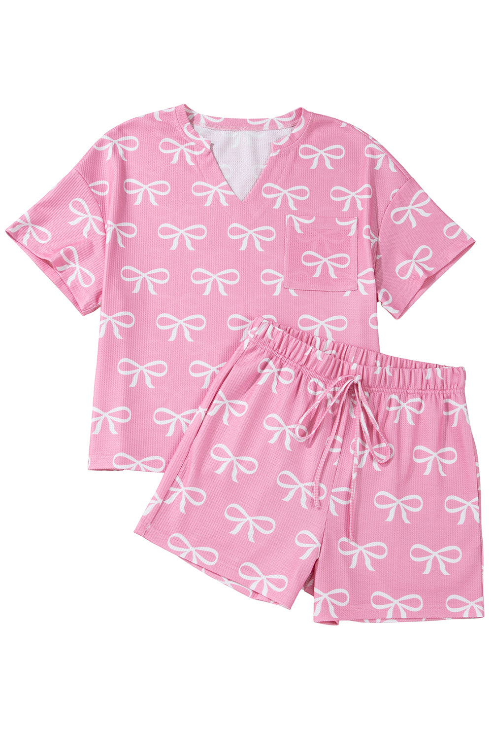 Pink Waffle Knit Bowknot Printed V Neck T Shirt And Shorts Set