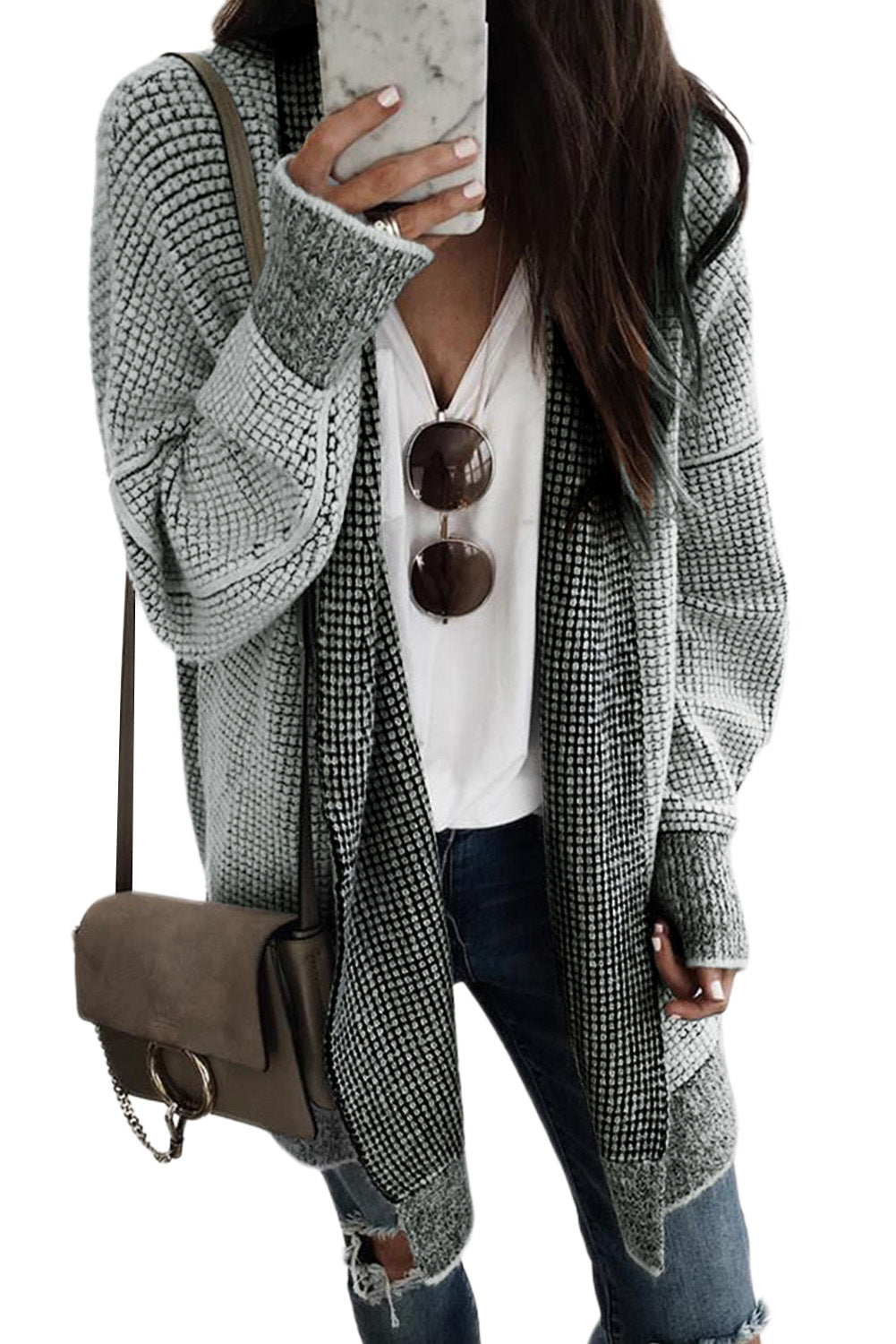 Plaid Contrast Trim Casual Knit Cardigan