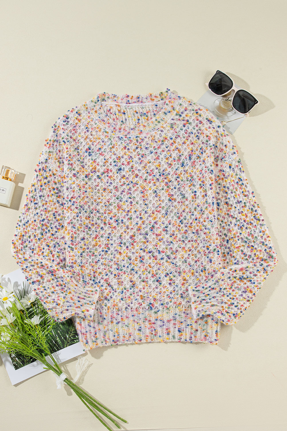 White Colorful Confetti Knit Lantern Sleeve Sweater