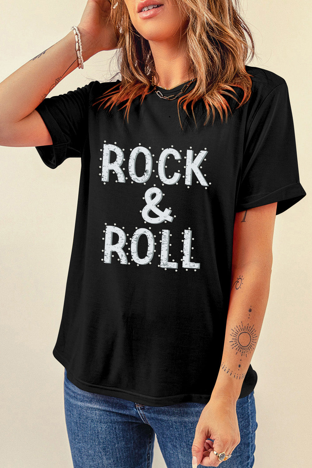 Black ROCK & ROLL Beaded Crew Neck Graphic Tee