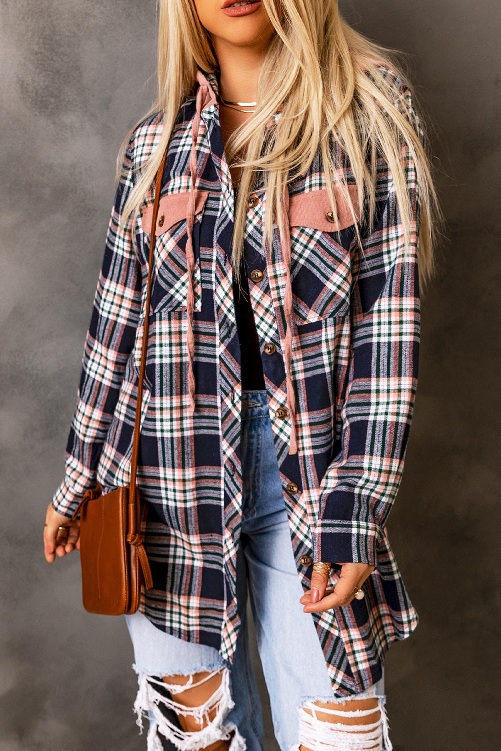 Pink Plaid Contrast Hooded Drawstring Shacket