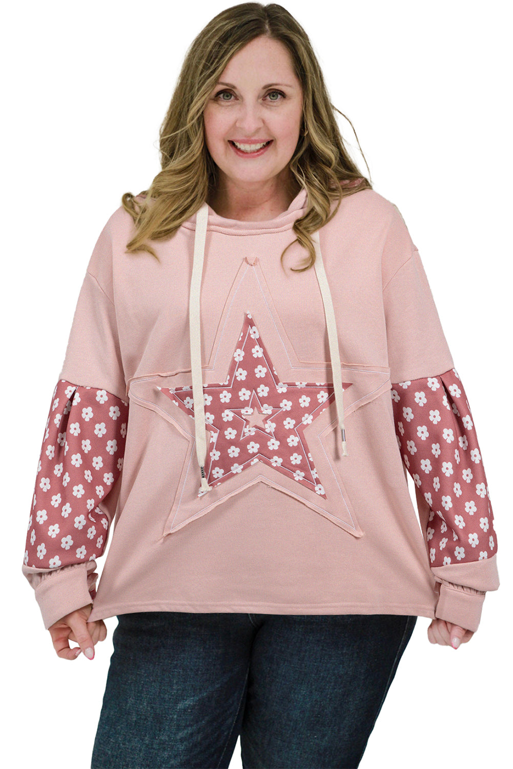 Delicacy Star Patched Floral Sleeve Plus Size Hoodie