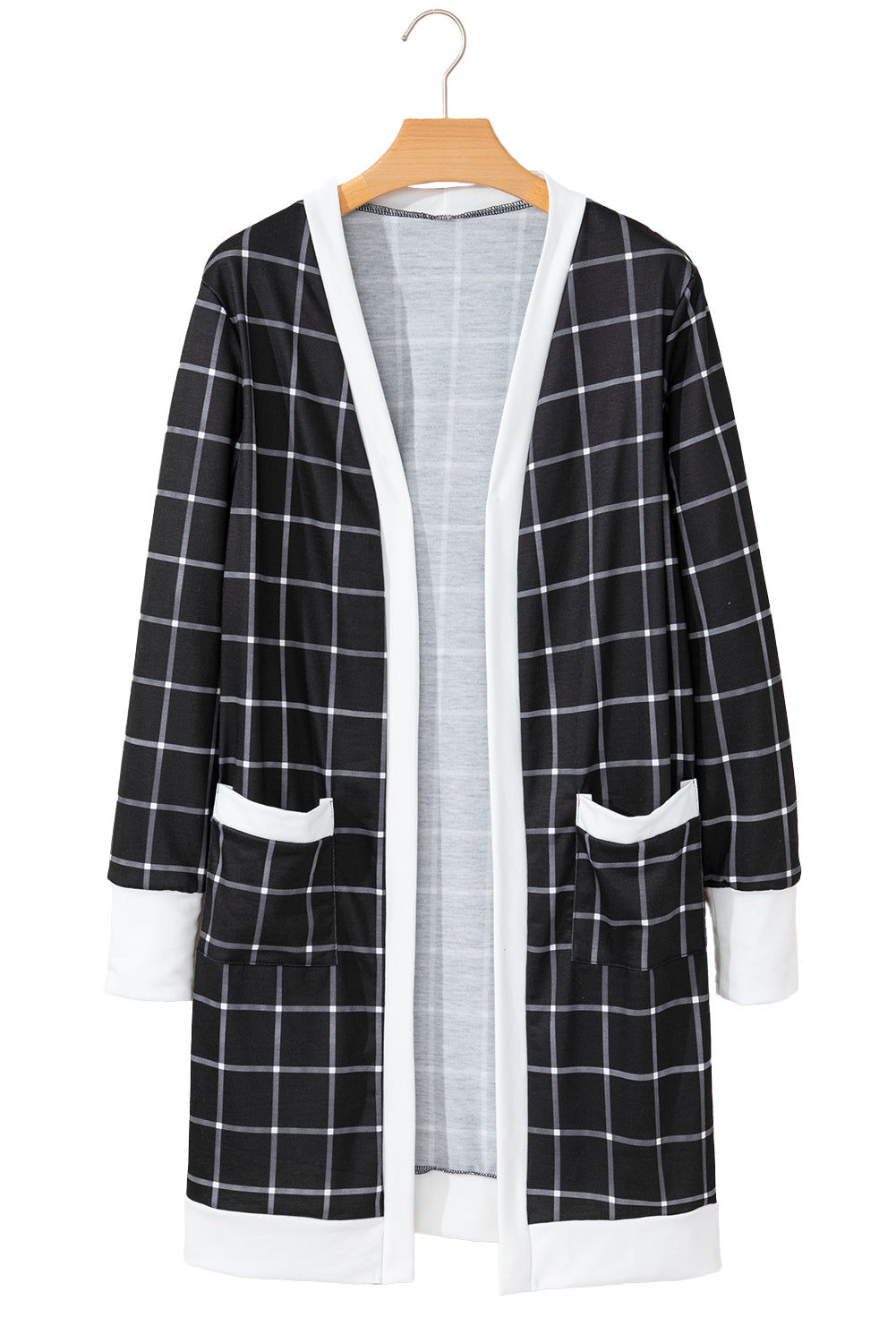 Black Plaid Colorblock Edge Open Cardigan with Pocket