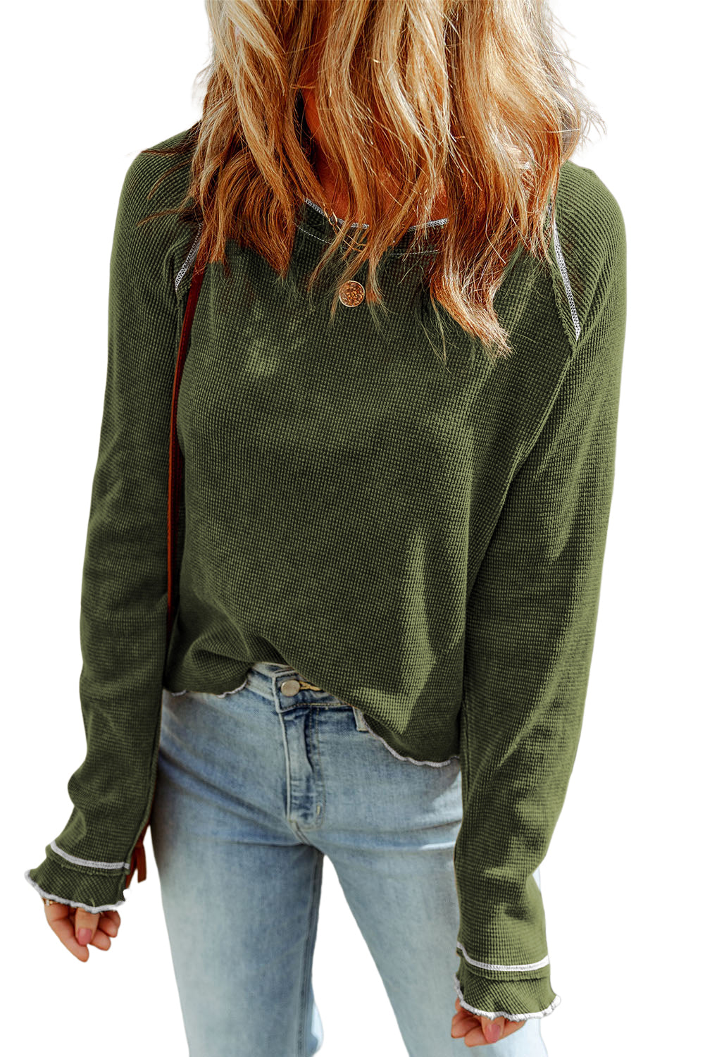 Brown Textured Crewneck Long Sleeve Top