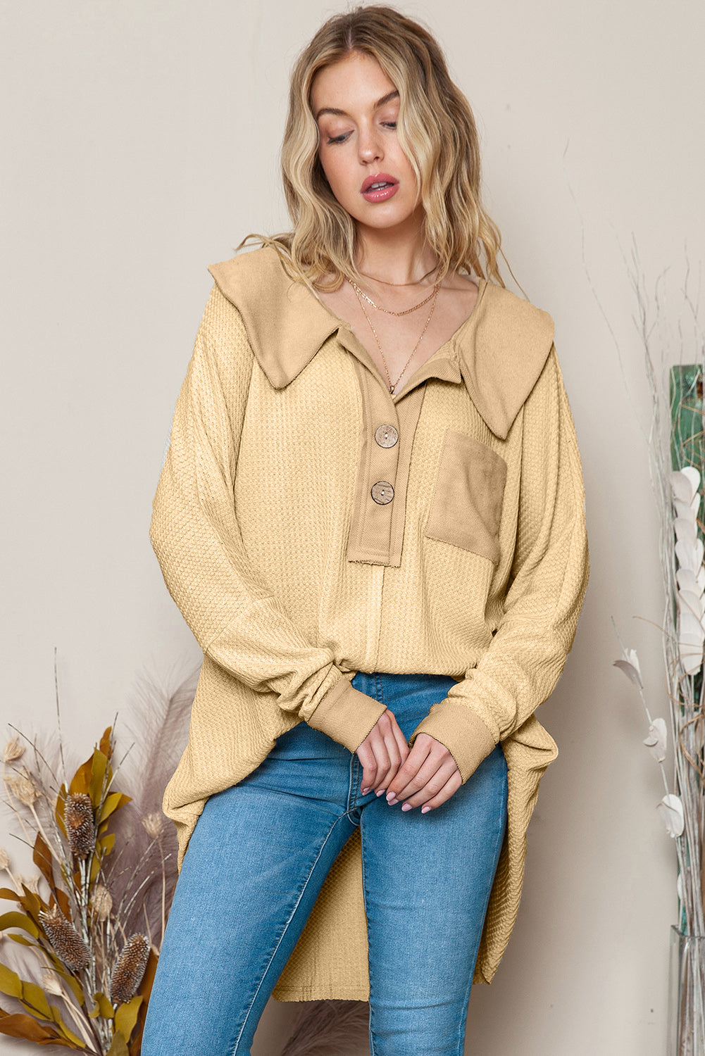 Waffle Pocket Seam Patchwork Loose Top