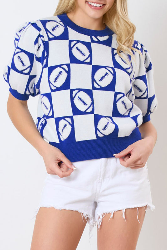 Football Checkered Color Block Puff Knit Top