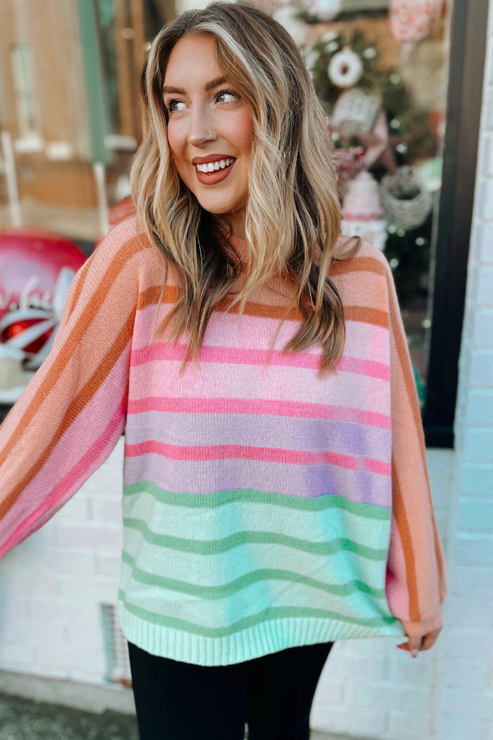 Multicolour Striped Ribbed Edge Gradient Loose Sweater