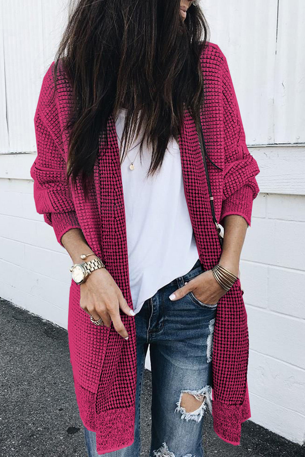 Plaid Contrast Trim Casual Knit Cardigan