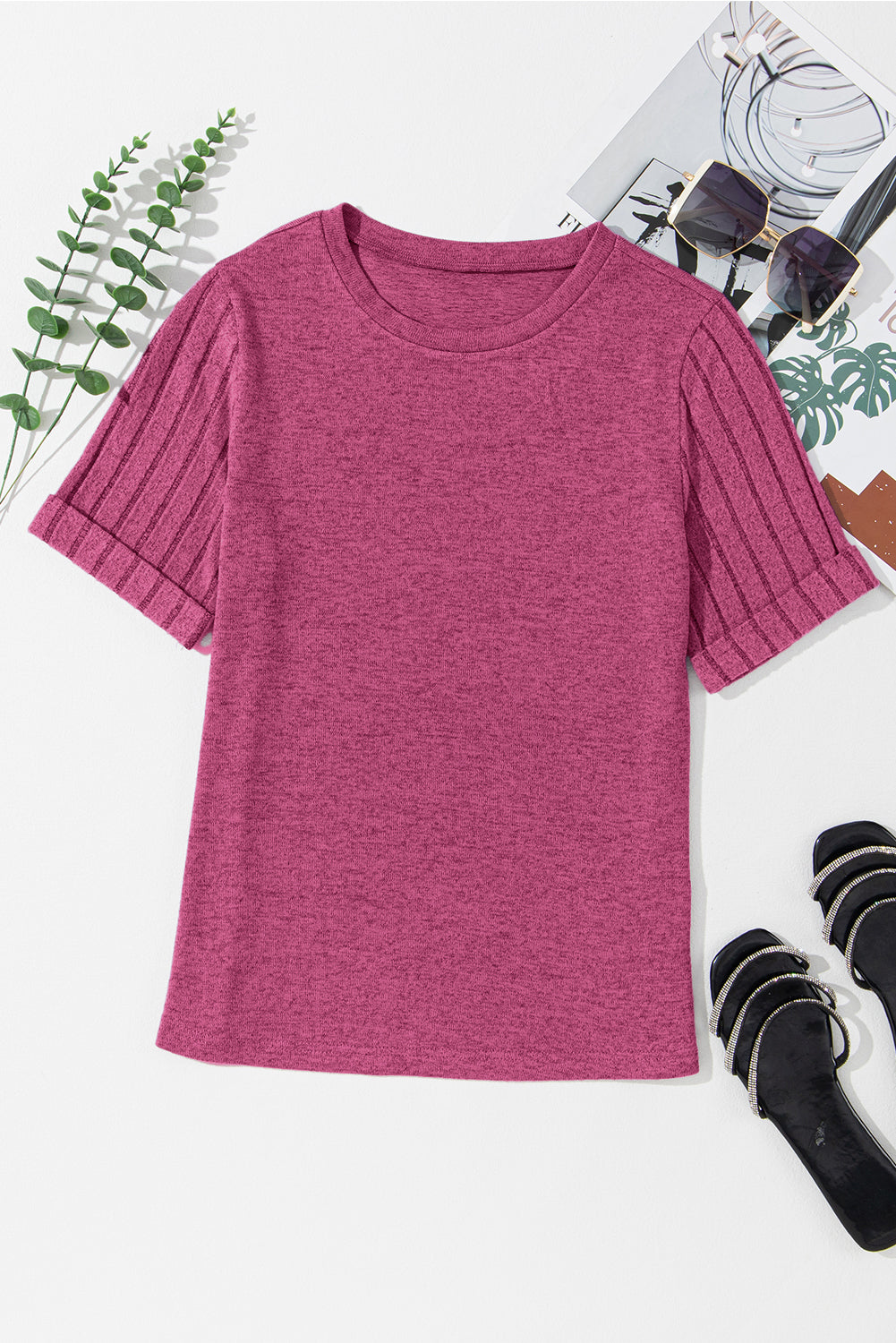 Bright Pink Ribbed Splicing Short Sleeve Round Neck T-shirt