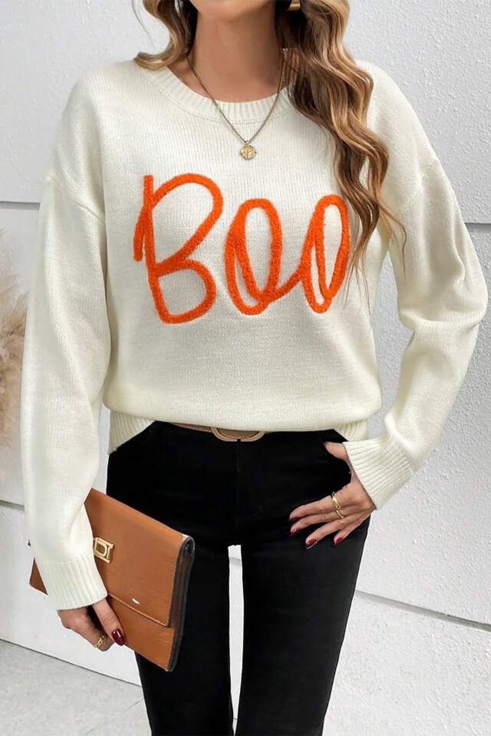 Halloween Boo Drop Shoulder Knit Sweater