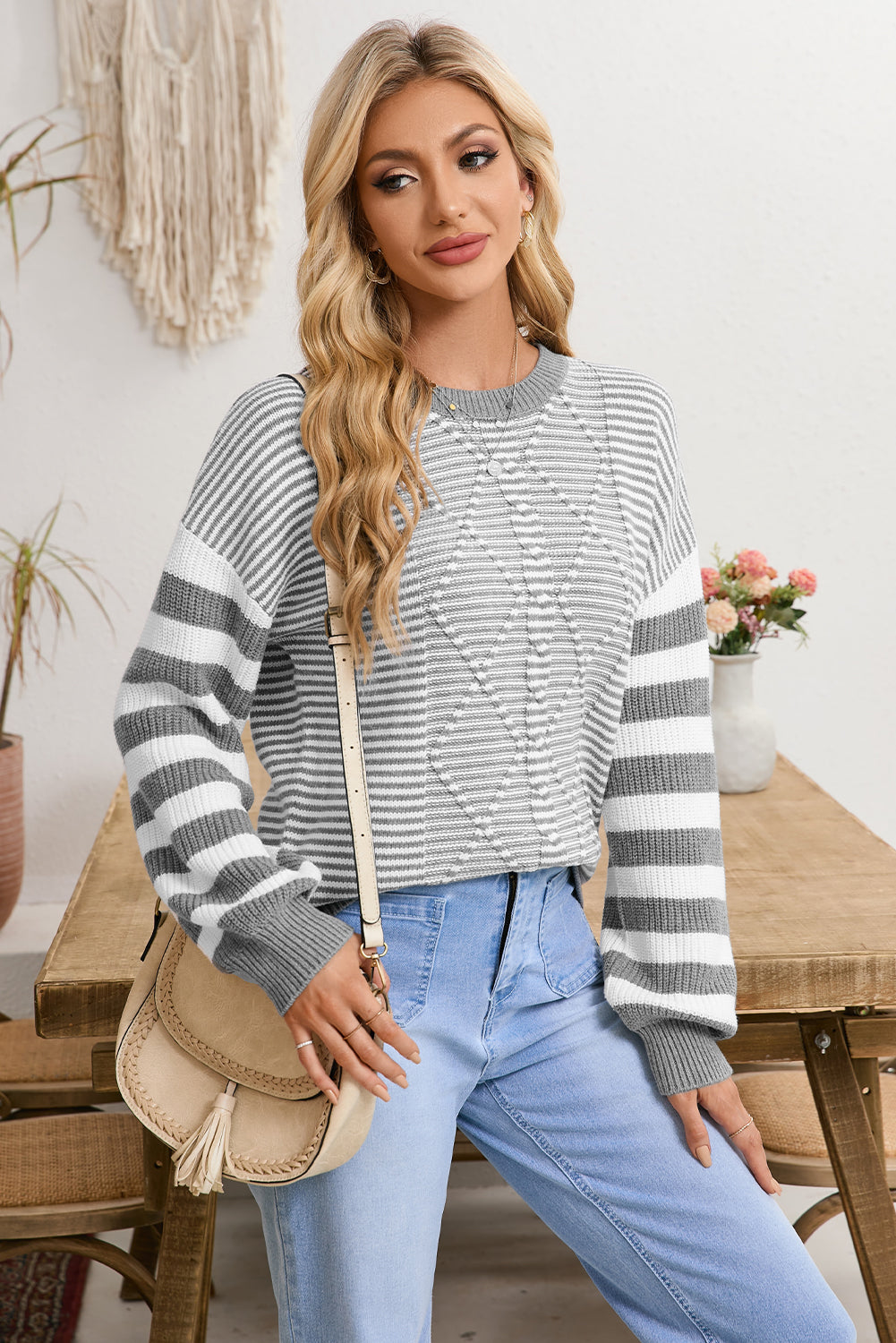 Red and White Stripe Twisted Knitted Drop Shoulder Sweater