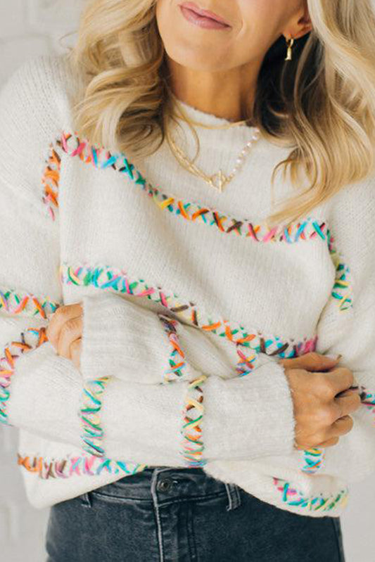 White Colorful Cross Stitch Drop Shoulder Sweater