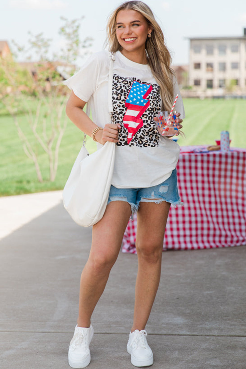 White Leopard American Flag Lightning Graphic T Shirt