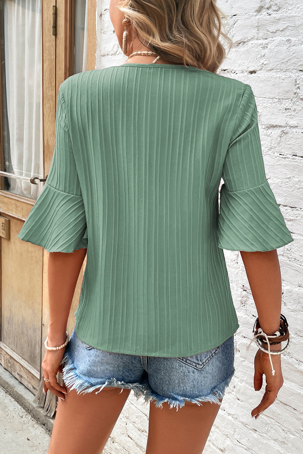 Grass Green Ruffled Short Sleeve V Neck Textured Blouse