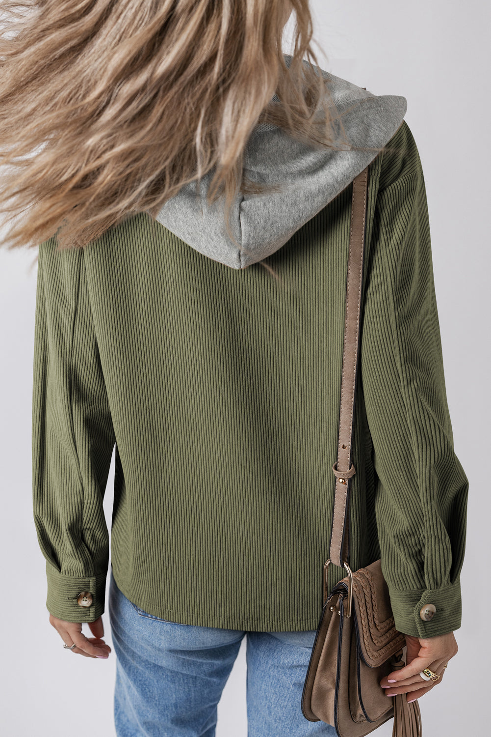 Moss Green Pockets Drawstring Hooded Corduroy Shacket