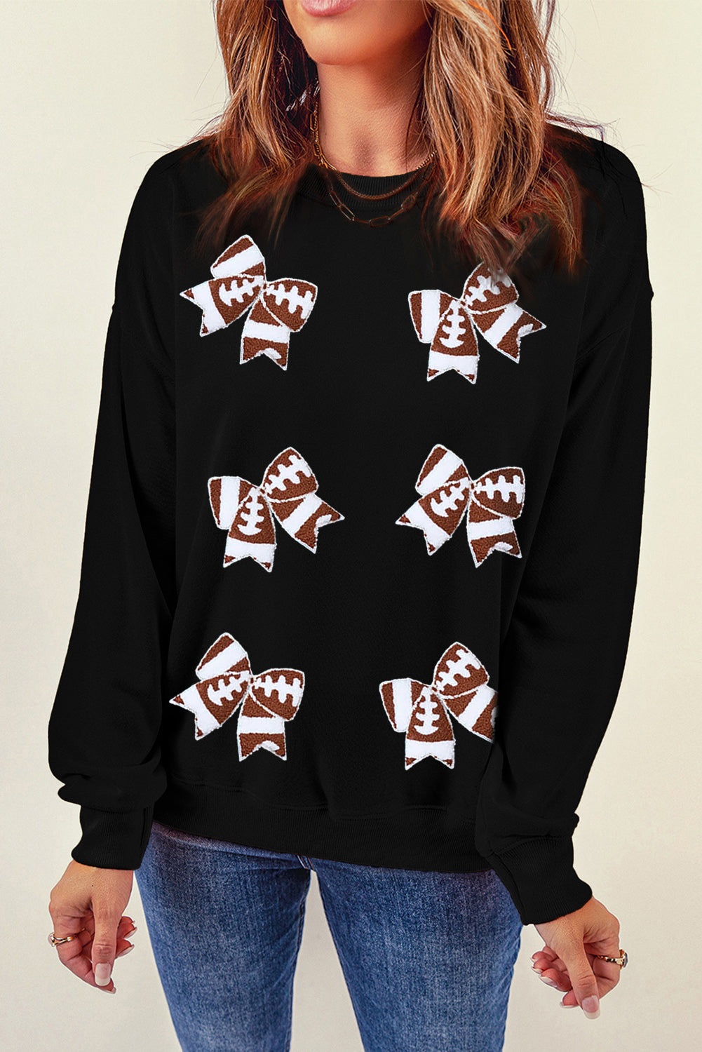 Black Football Bow Knot Graphic Crew Neck Sweatshirt