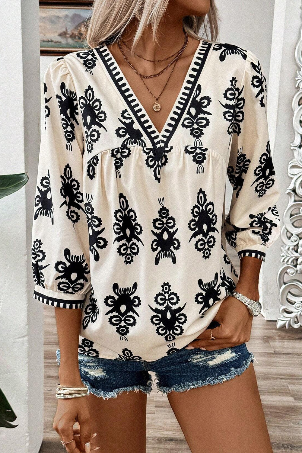 Beige Ethnic Abstract Print Puff Sleeve V Neck Blouse