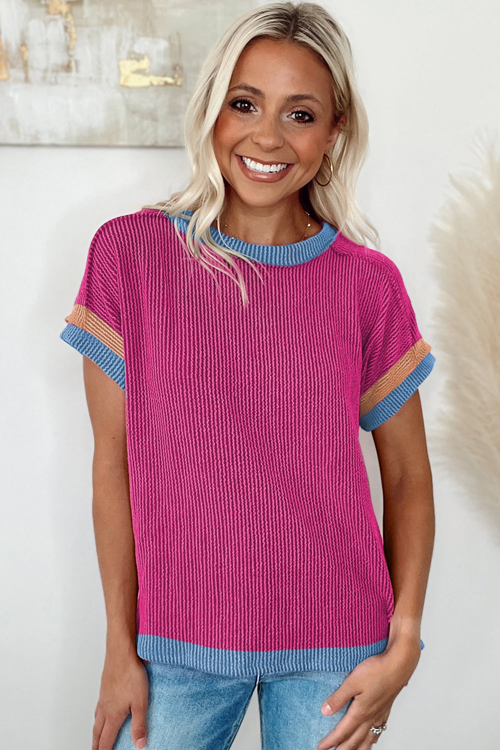 Light Pink Textured Colorblock Round Neck T Shirt