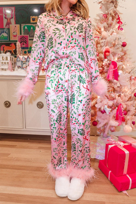 Pink Plants Print Plush Edge Collar Shirt Pants Christmas Pajama Set