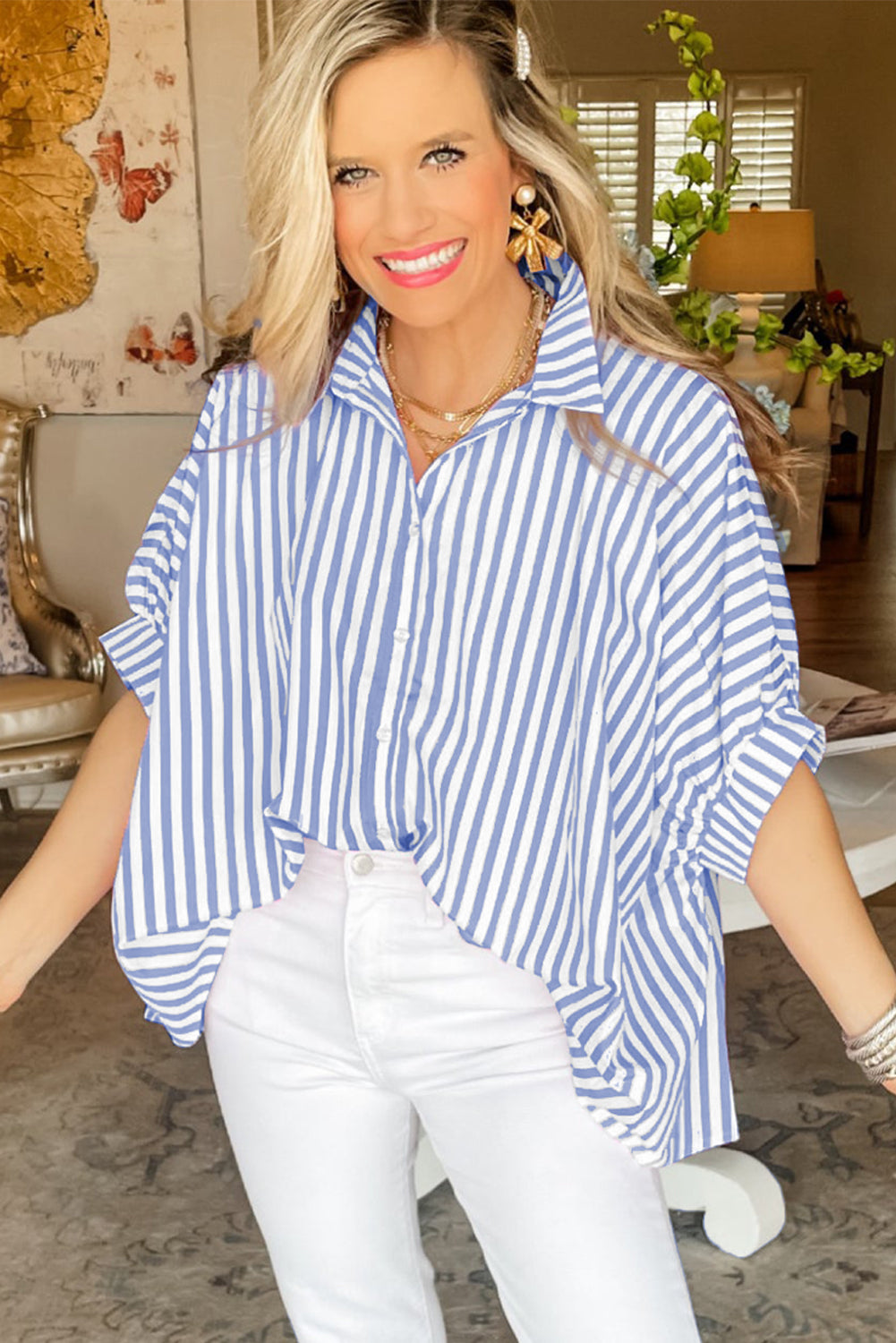 Pink Stripe Button Up Dolman Shirt