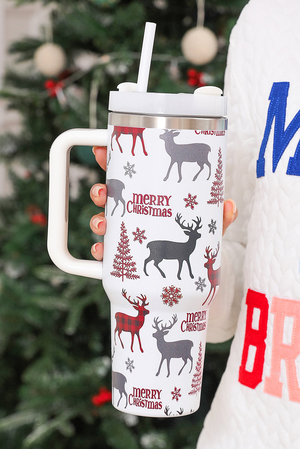 White Merry Christmas Tree Snowflake Elk Print 40 oz Tumbler Cup