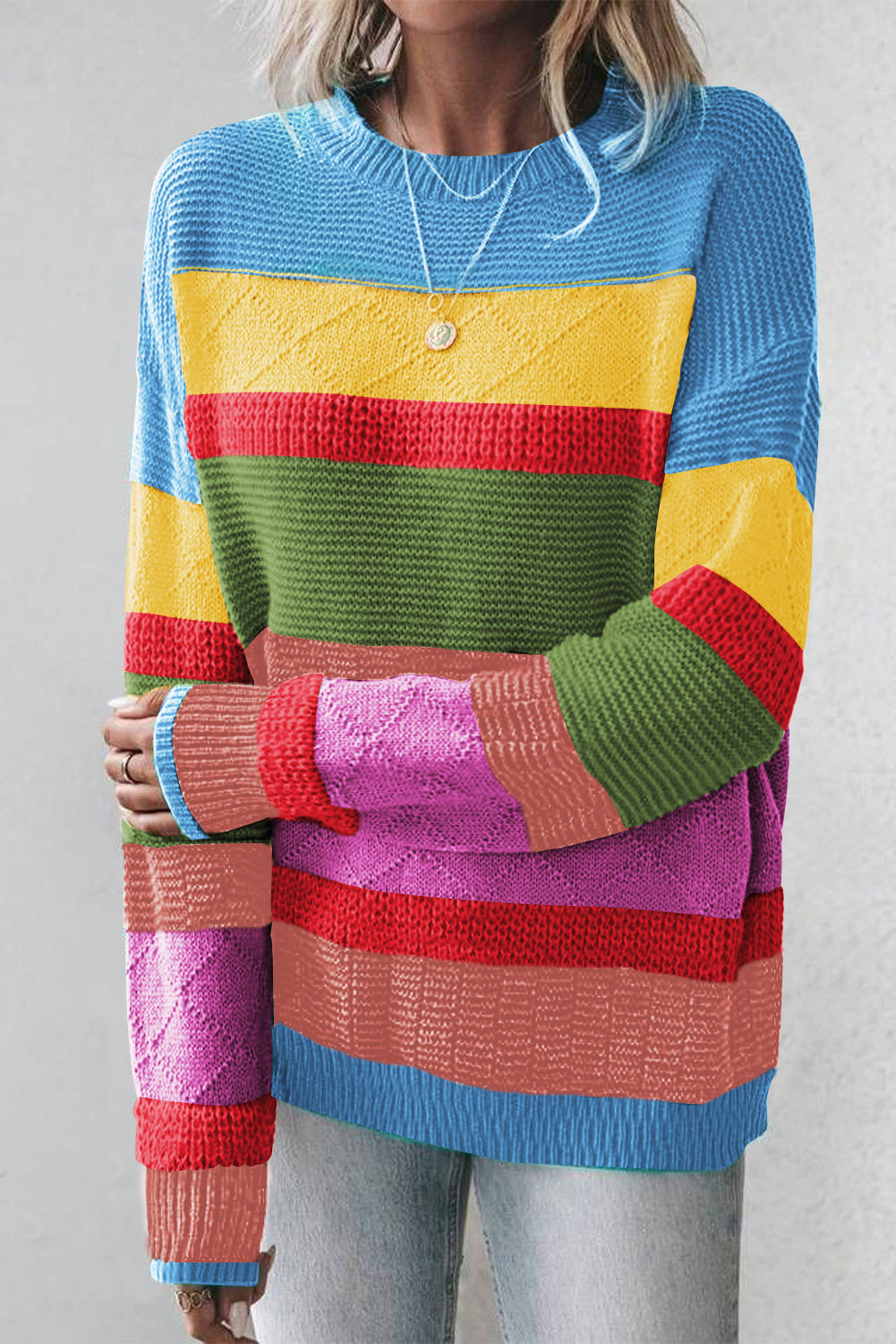 Yellow Colorblock Drop Shoulder Crew Neck Sweater